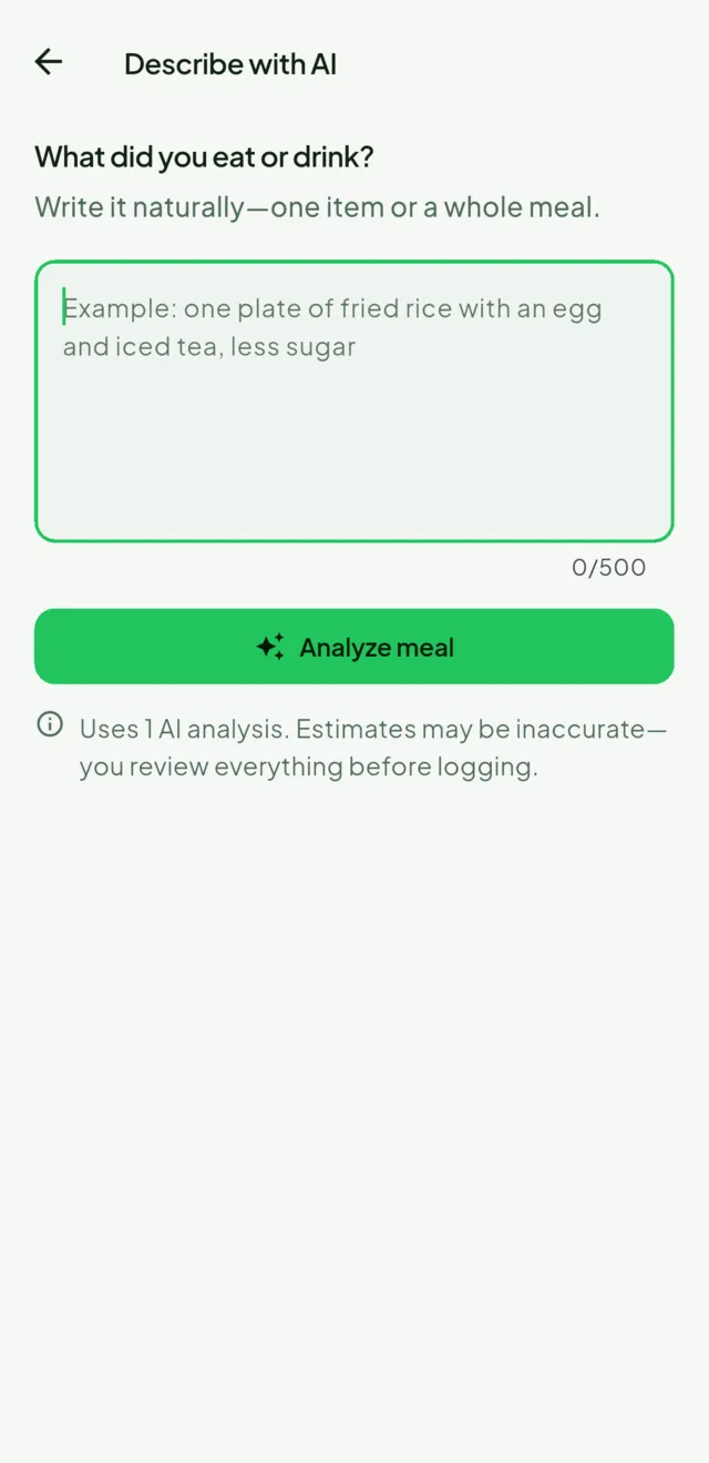 The describe-your-meal screen, where a meal is entered as a sentence instead of a photo.
