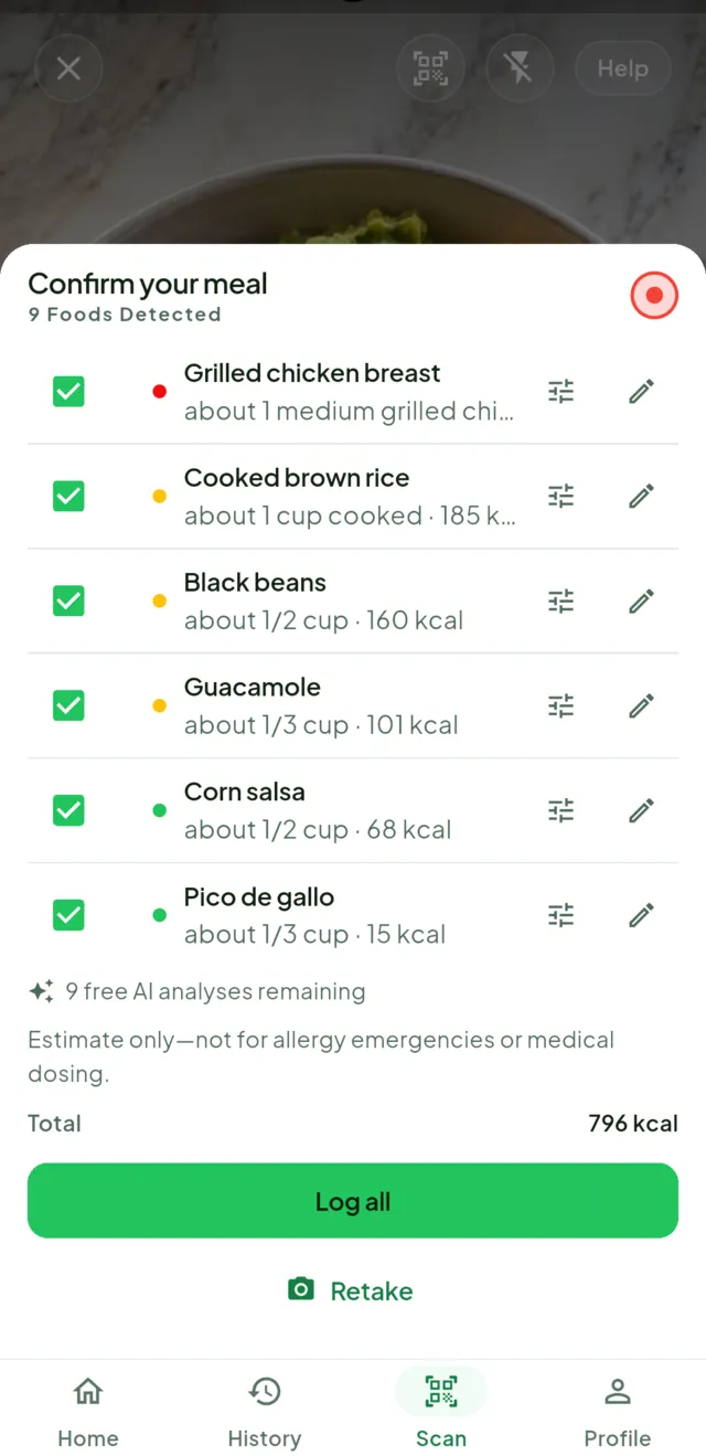 A confirmation sheet listing nine detected foods with portions and calories, each with a checkbox, and a 'Log all' button showing 796 kcal in total.