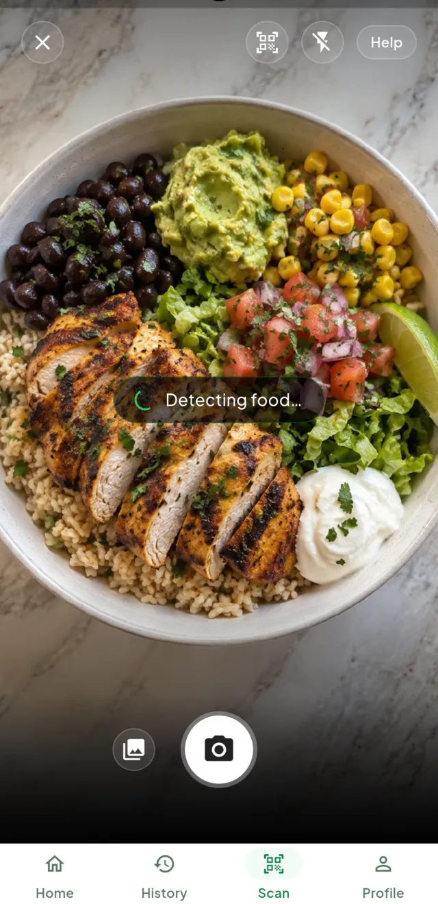The camera view over a burrito bowl with a 'Detecting food' indicator.